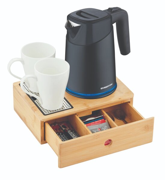 Emberton Cambourne Plus Natural Bamboo Welcome Tray Set with Drawer & Evesham Hotel Kettle 1.0L Black