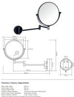 Doppel Wandkosmetikspiegel, unbeleuchtet, doppelseitig Ø190 mm, 360° vertikal und horizontal schwenkbar Nero