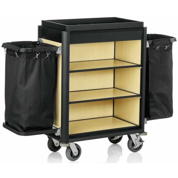 Zimmermädchenwagen medium mit 2 Wäschesäcke, heller Holzoptik und schwarze Kantenprofile aus Aluminium