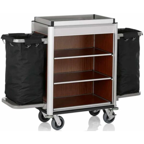 Housekeeping Trolley Medium with 2 Laundry Bags, dark wood/dark brown