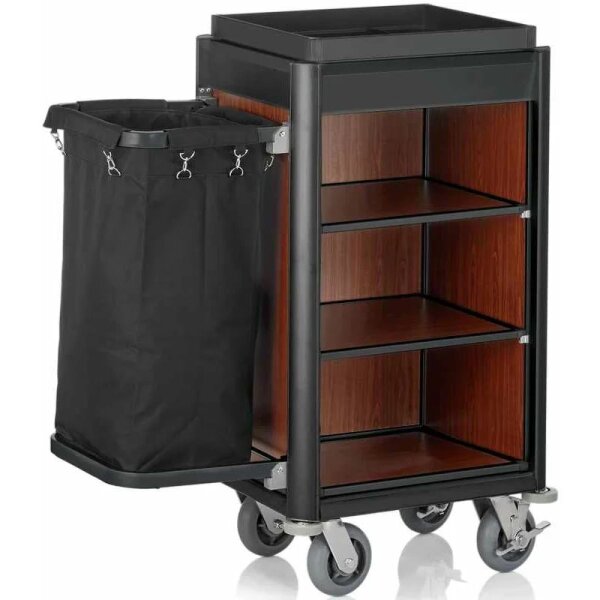 Zimmermädchenwagen mini mit Wäschesack, in dunkler Holzoptik und schwarze Kantenprofile aus Aluminium