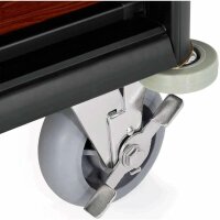 Zimmermädchenwagen mini mit Wäschesack, in dunkler Holzoptik und schwarze Kantenprofile aus Aluminium