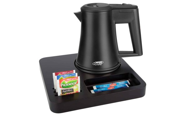 B-TRAY Willkommenstablett Slim schwarz aus MDF mit 0,5 l Wasserkocher Star black