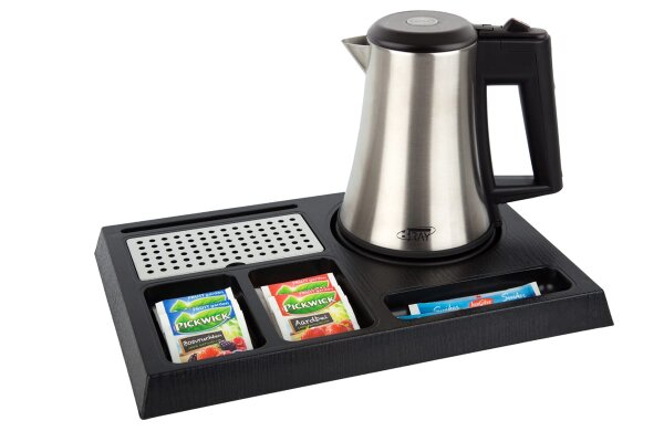 B-TRAY Willkommenstablett Stay schwarz aus ABS Kunststoff mit Holzstruktur und 0,5 l Wasserkocher Star