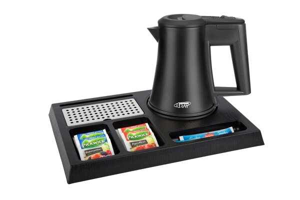 B-TRAY Willkommenstablett Stay schwarz aus ABS Kunststoff mit Holzstruktur und 0,5 l Wasserkocher Star black