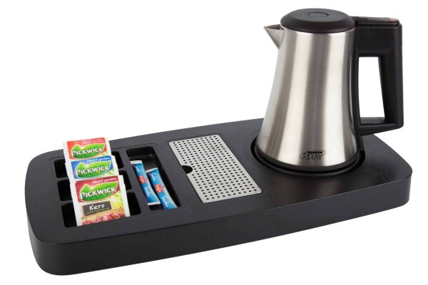 B-TRAY Willkommenstablett Sense schwarz aus ABS Kunststoff mit Holzstruktur und 0,5 l Wasserkocher Star