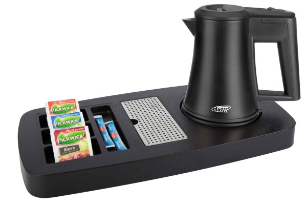 B-TRAY Willkommenstablett Sense schwarz aus ABS Kunststoff mit Holzstruktur und 0,5 l Wasserkocher Star black
