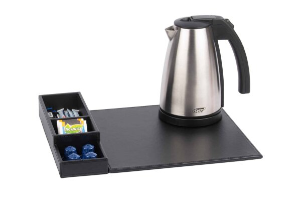B-TRAY Willkommenstablett Snap schwarz aus Kunstleder mit 1,0 l Wasserkocher Style