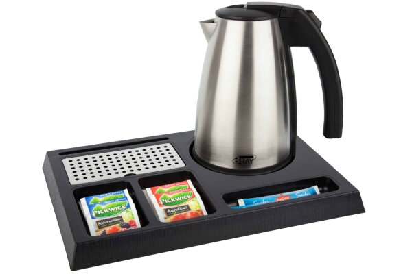 B-TRAY Willkommenstablett Stay schwarz aus ABS Kunststoff mit Holzstruktur und 1,0 l Wasserkocher Style