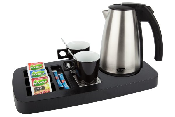 B-TRAY Willkommenstablett Sense schwarz aus ABS Kunststoff mit Holzstruktur und 1,0 l Wasserkocher Style