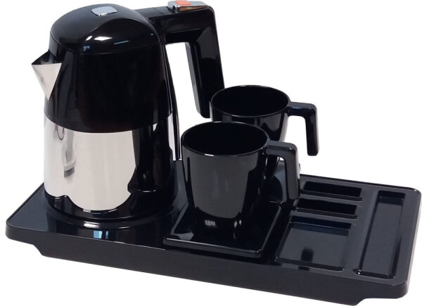 JVD Willkommenstablett MAESTRO Schwarz, Kunststoff, mit Wasserkocher Diva, Edelstahl, Doppelwandig 1,0 Liter