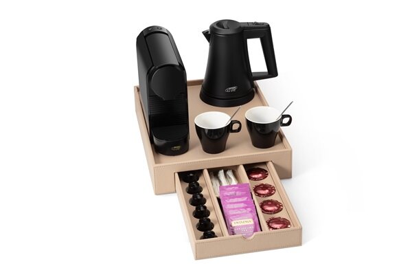 BTRAY Welcome Tray SPACE Beige with Espresso Machine and Black Kettle Star 0.5 L