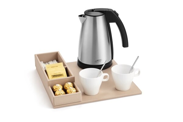 B-TRAY Willkommenstablett Snap beige aus Kunstleder mit 1,0 l Wasserkocher Style
