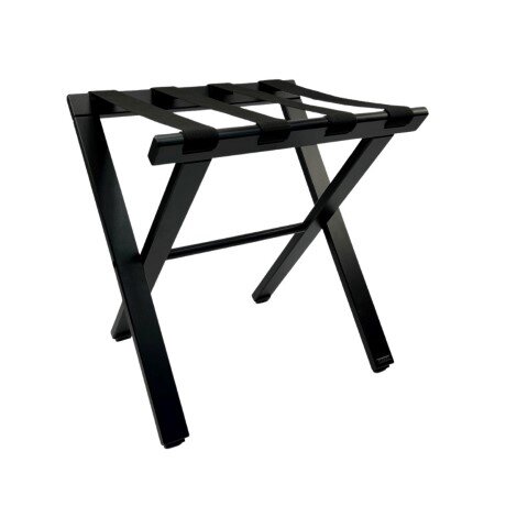 Klassische Kofferablage aus Holz in Schwarz mit Stoffgurten