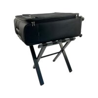 Klassische Kofferablage aus Holz in Schwarz mit Stoffgurten