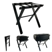 Klassische Kofferablage aus Holz in Schwarz mit Stoffgurten