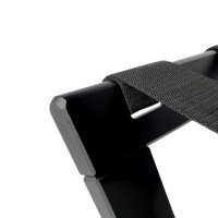 Klassische Kofferablage aus Holz in Schwarz mit Stoffgurten