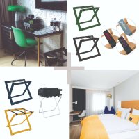 Klassische Kofferablage aus Holz in Schwarz mit Stoffgurten