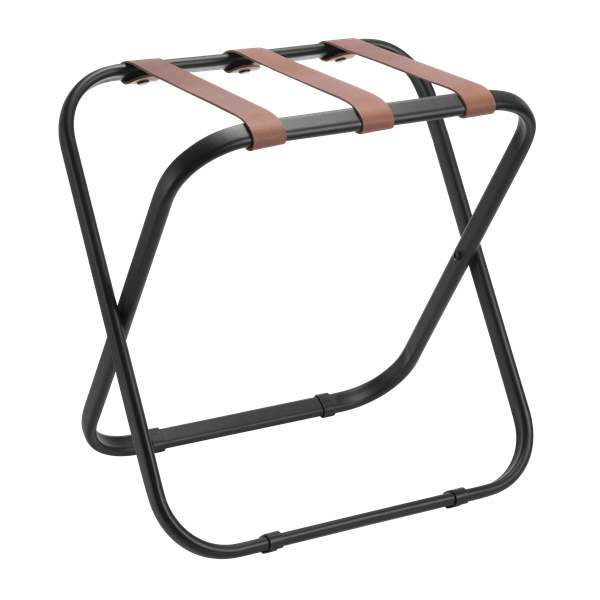 Hotel Kofferbock aus schwarzem Stahl mit Braunen Ledergurten