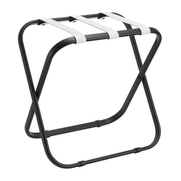 Hotel Kofferbock aus schwarzem Stahl mit weißen Ledergurten